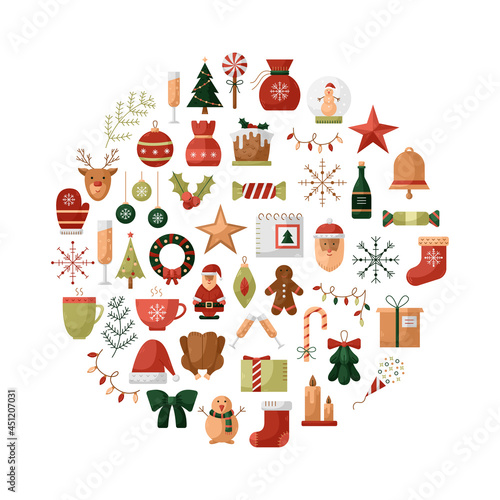 Vector illustration with Christmas icons in a round shape. New Year illustrations