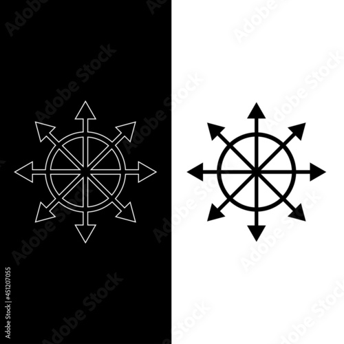 Chaos star icon, chaos symbol, chaos magic, eight-pointed star. Isolated icon in black with white outline. Esoteric, sacred geometry, witchcraft. Vector illustration on white and black background