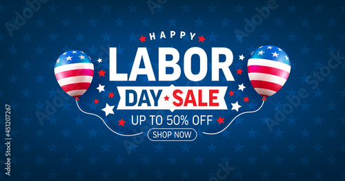 USA Labor Day Sale Banner and poster template.USA labor day celebration with american balloons flag on blue.Sale promotion advertising banner template for USA Labor Day Brochures,Poster or Banner.