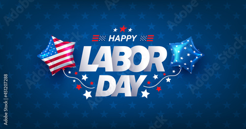 USA Labor Day Banner and poster template.USA labor day celebration with american balloons flag on blue.Sale promotion advertising banner template for USA Labor Day Brochures,Poster or Banner. photo
