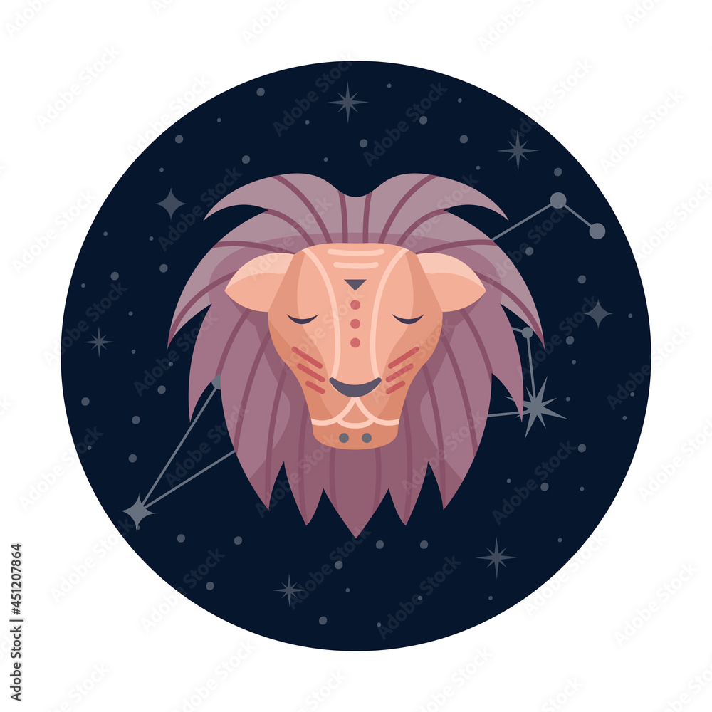 Flat vector illustration of leo zodiac sign with stars and constellation