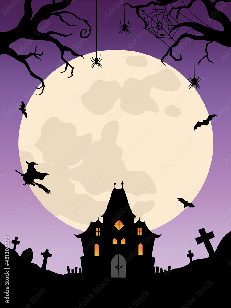 ハロウィン背景　お化け屋敷と魔女と満月