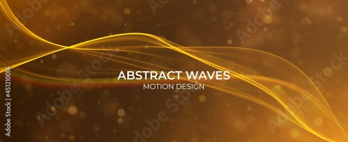 Golden abstract wave. Magic line design. Flow curve motion element. Neon gradient wavy illiustration.