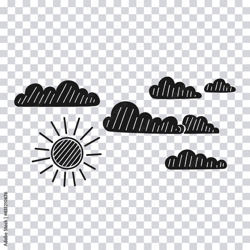 Hand drawn Sun and Clouds isolated on transparent background. Vector ...