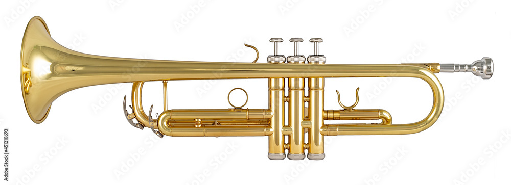 Golden shiny metallic brass trumpet music instrument isolated white background. musical equipment entertainment orchestra band concept. - obrazy, fototapety, plakaty 