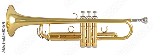Golden shiny metallic brass trumpet music instrument isolated white background. musical equipment entertainment orchestra band concept.