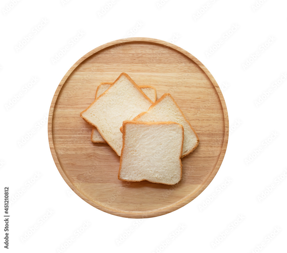 Top view,four slices of bread in a wooden tray on a white background