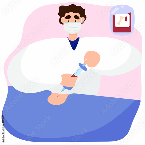 The doctor collects the bone marrow. Laboratory research, analyzes, surgery and medical examination.