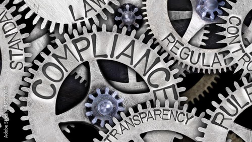 Group of rotating tooth wheels with Compliance, Regulation, Standard, Law and Rule sign imprinted on metal surface. High quality 4k video.