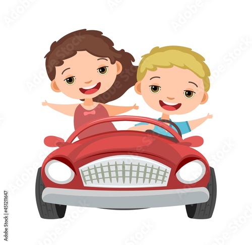 Kids drives a car. Red childrens automobile. Toy vehicle. With a motor. Nice passenger auto. Pedal or electric. Isolated on white background. Vector
