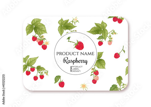 Raspberry. Ripe berries on branch. Template for product label, cosmetic packaging. Easy to edit. Graphic drawing, engraving style. Vector illustration..