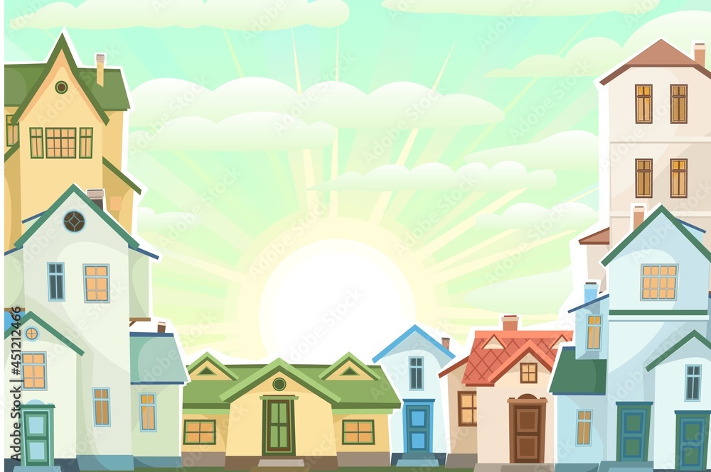 Cartoon houses in the morning. Village or town. Frame. A beautiful, cozy country house in a traditional European style. Nice funny home. Rural building. Illustration Vector