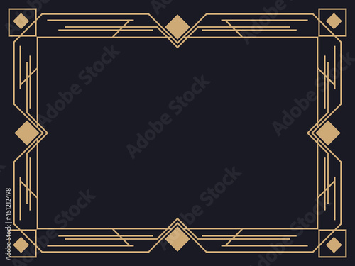 Art deco frame. Vintage linear border. Design a template for invitations, leaflets and greeting cards. Geometric golden frame. The style of the 1920s - 1930s. Vector illustration