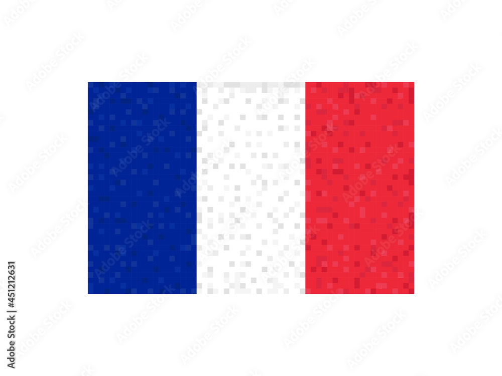 France flag pixel art. 8-bit France flag sign. Design for a festive banner and poster. Vector illustration