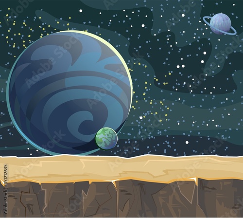 Cosmos background. Platform. Starry sky landscape. Planets. Flat style. Cartoon design. Vector