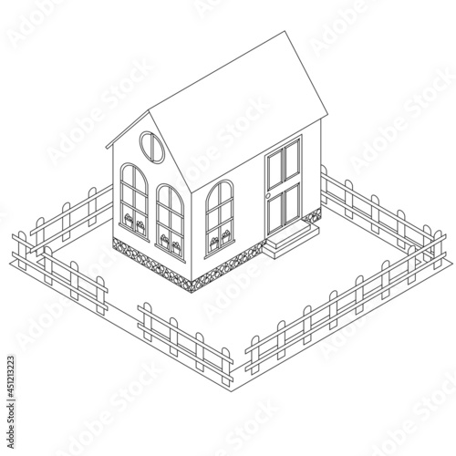 Vector coloring book house in an isometry stele on a white isolated background. Illustration on the theme of architecture.