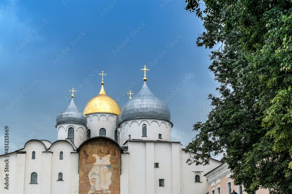 Russia, Veliky Novgorod, August 2021. View of the domes and wall frescoes of St. Sophia Cathedral.