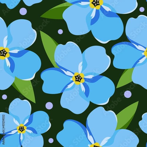 Vector seamless pattern with blue forget-me-not flowers on a dark green background. Forget-me-not is tender and bright. Template for printing wallpapers, fabrics, pajamas and other decorations. 