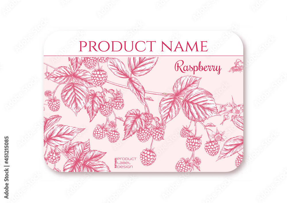Raspberry. Ripe berries on branch. Template for product label, cosmetic packaging. Easy to edit. Graphic drawing, engraving style. Vector illustration.. Raspberry. Ripe berries on branch. Template for product label, cosmetic packaging. Easy to edit. Graphic drawing, engraving style. Vector illustration..
