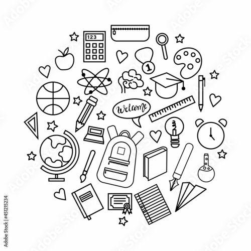 Back to school education icon set in line style circle tamplete. Logo, pictogram, design infographic elements