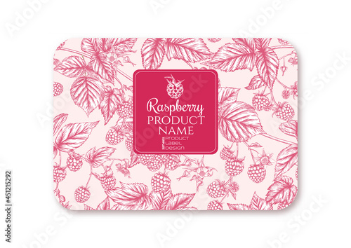 Raspberry. Ripe berries on branch. Template for product label, cosmetic packaging. Easy to edit. Graphic drawing, engraving style. Vector illustration..