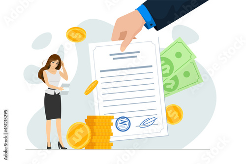 Shocked frustrated businesswoman hold financial or mortgage bills. Broke, financial problem and debt crisis concept. Depressed jobless business woman worried for loan. Hand gives notice pay tax vector photo