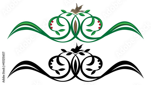 Floral decorative element with abstract plant, seed and bird, nature concept, flat design, vector template.