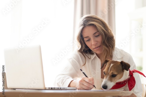 Beautiful young woman with cute dog working on laptop at home. © opolja