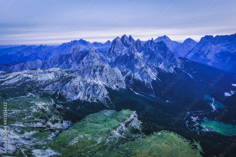 Aerial view of Cadini mountain group in evening dusk light, Sesto Dolomites, South Tirol, Italy