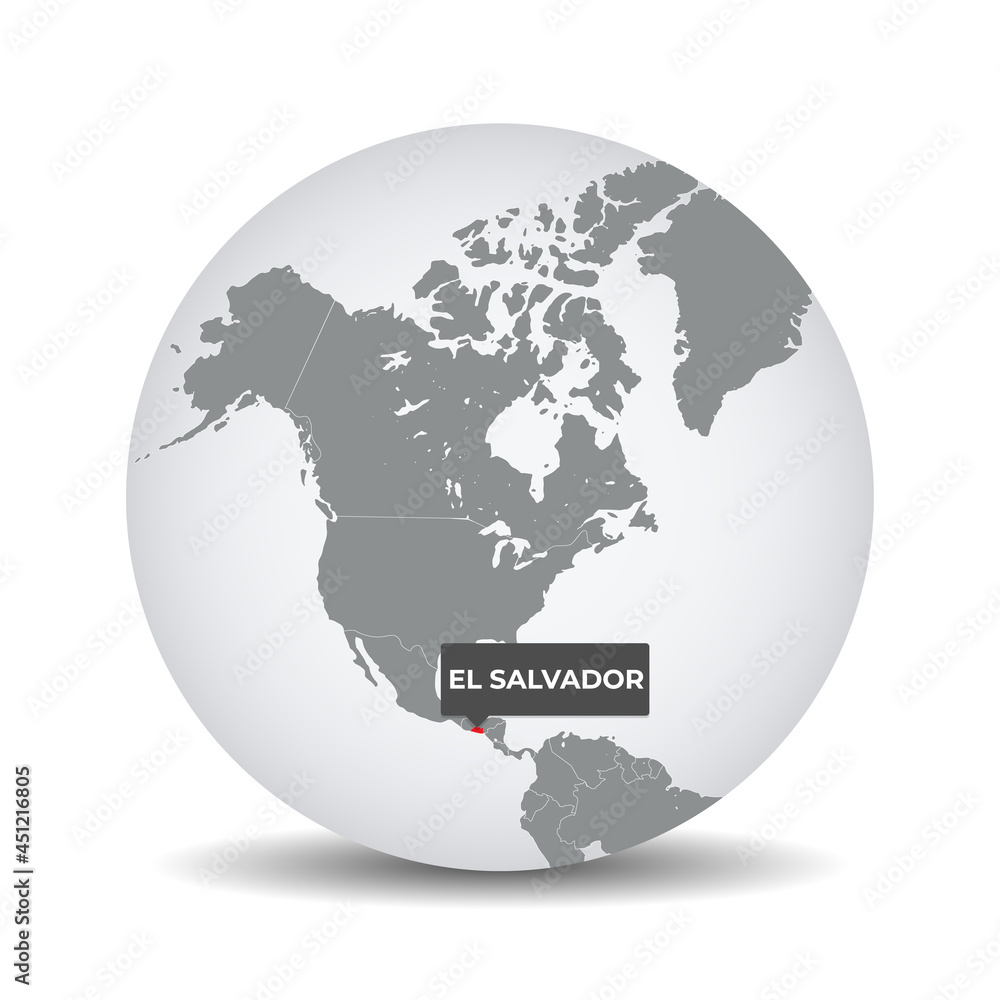 World globe map with the identication of El salvador. Map of El salvador. El salvador on grey political 3D globe. North and central america map. Vector stock.