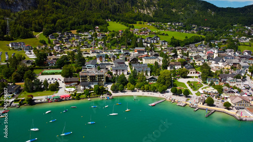 Fototapeta Naklejka Na Ścianę i Meble -  Village of St Gilgen at Lake Wolfgangsee in Austria - travel photography by drone