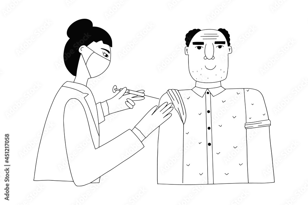 Obraz premium A doctor or nurse gives a flu or COVID-19 injection to a patient. Coronavirus infection vaccination concept. A man wearing a medical mask gets the antiviral vaccine with a syringe