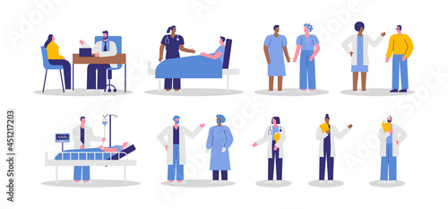 Diverse hospital doctor and patient people set