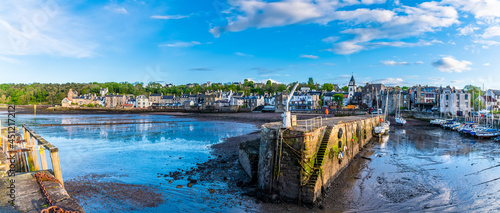 A view across the harbour and town of Queensferry, Scotland on a summers day