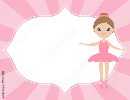 Sunburst horizontal background in pink colors with white vintage frame. Little girl ballerina in pink tutu dress. Cute cartoon character.