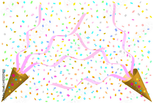 お祝いや勝利を喜ぶコンセプト。白背景にクラッカーからリボンが飛び出し、一面の紙吹雪に覆われるイラスト。おめでたい背景素材。
