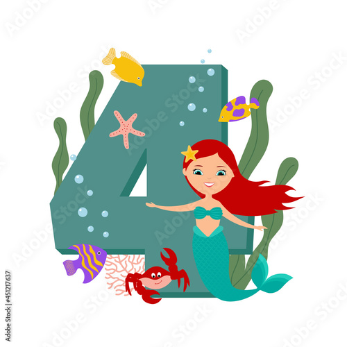 Cute mermaid and marine life. Number Four. Happy Fourth Birthday. Flat style design. 