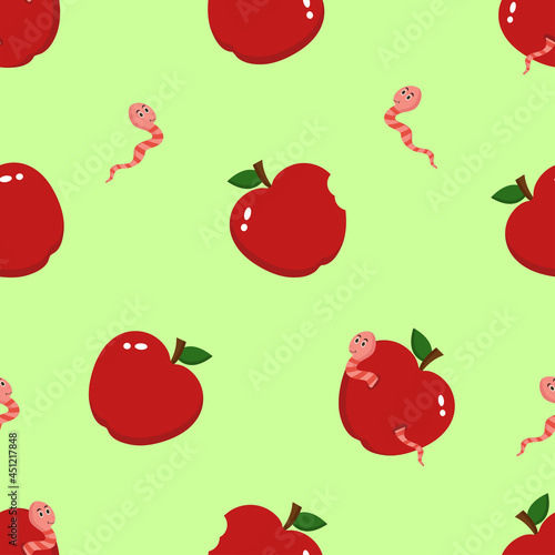 Apples seamless pattern with worm. Vector illustration