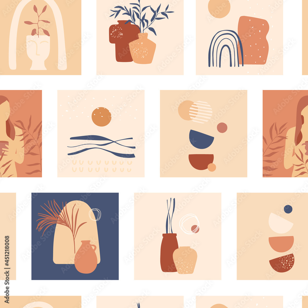 Seamless pattern with abstract images of leaves, nature, vases, geometric shapes. A print of square illustrations in terracotta, beige and blue colors. Vector for textiles, covers, wrapping paper.