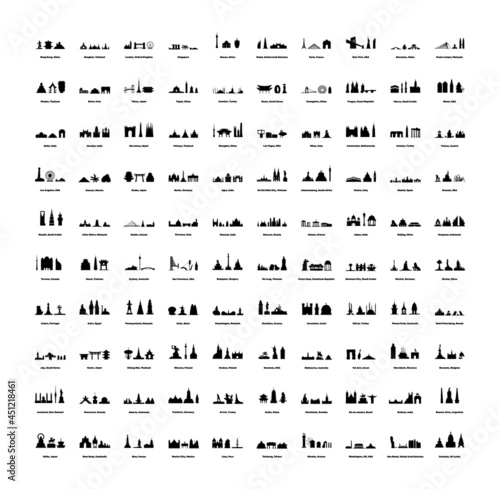 Collection of black icons of countries landmarks. Monochrome panoramas of cities.