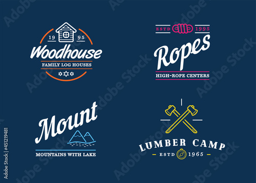 Wilderness Camping logo templates. Sign Design with Elements and Fictitious Sample Text.