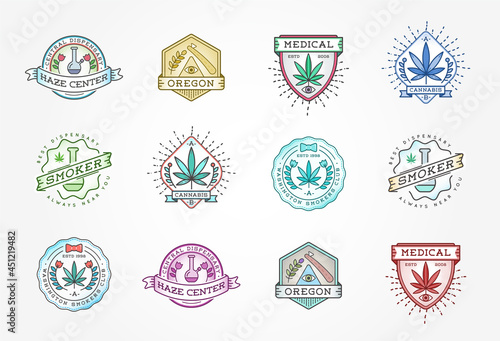Set of Medical Cannabis Marijuana Sign or Label Template in Vector. Can be used as a Logotype. Fictitious Names for Example.