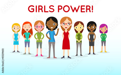 Girl power and feminist movement - concept for prints, t-shirts, cards - happy women stand.