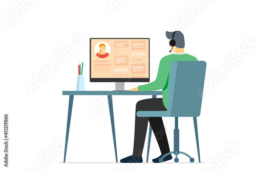 Call center operator man and user information on monitor screen. Male hotline or cold calling employee. Online customer support department staff, telemarketing, consultation and assistance centre. Eps