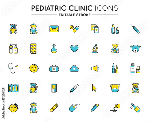 Outline colorful icons set. Pediatric hospital clinic and medical care. Editable stroke. Vector.