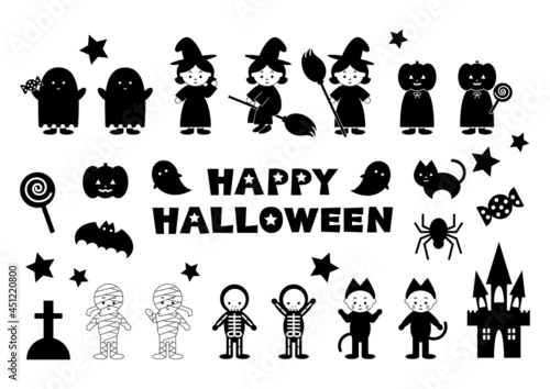 ハロウィンの仮装する子どもたちのイラストセット（黒）