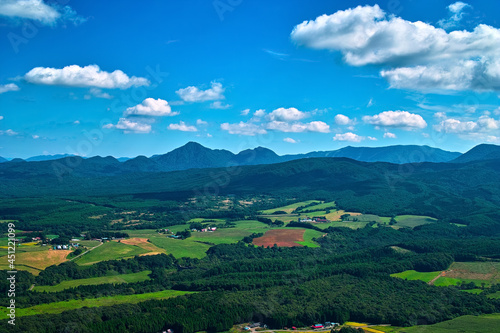 山沿いの丘にある牧場の風景