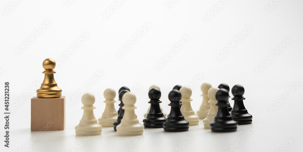 The leadership of the Golden Chess pawn standing on the box show influence and empowerment. Concept of business leadership for leader team, successful competition winner and Leader with strategy The leadership of the Golden Chess pawn standing on the box show influence and empowerment. Concept of business leadership for leader team, successful competition winner and Leader with strategy