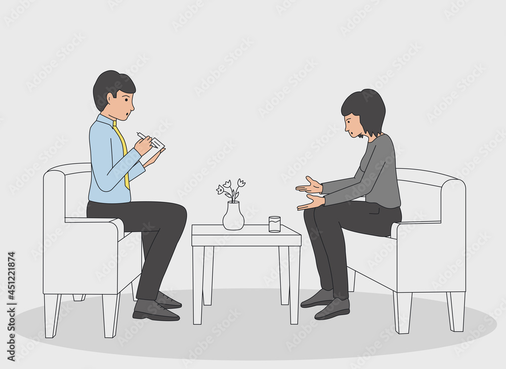 Psychotherapy concept. A woman visiting a psychotherapist. A sad and frustrated girl talks about her problems to a psychotherapist. Vector illustration. Psychotherapy concept. A woman visiting a psychotherapist. A sad and frustrated girl talks about her problems to a psychotherapist. Vector illustration.