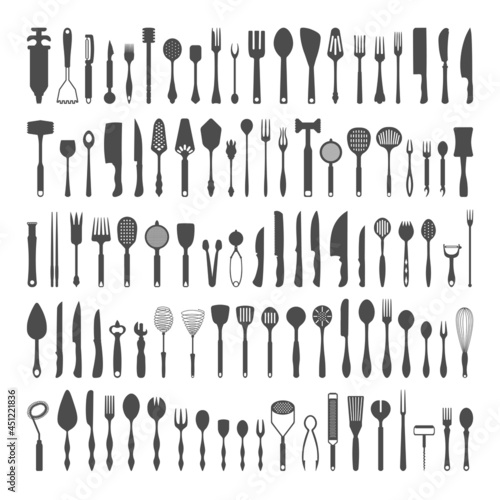 Big collection of cutlery. Monochrome illustrations of kitchen utensils.